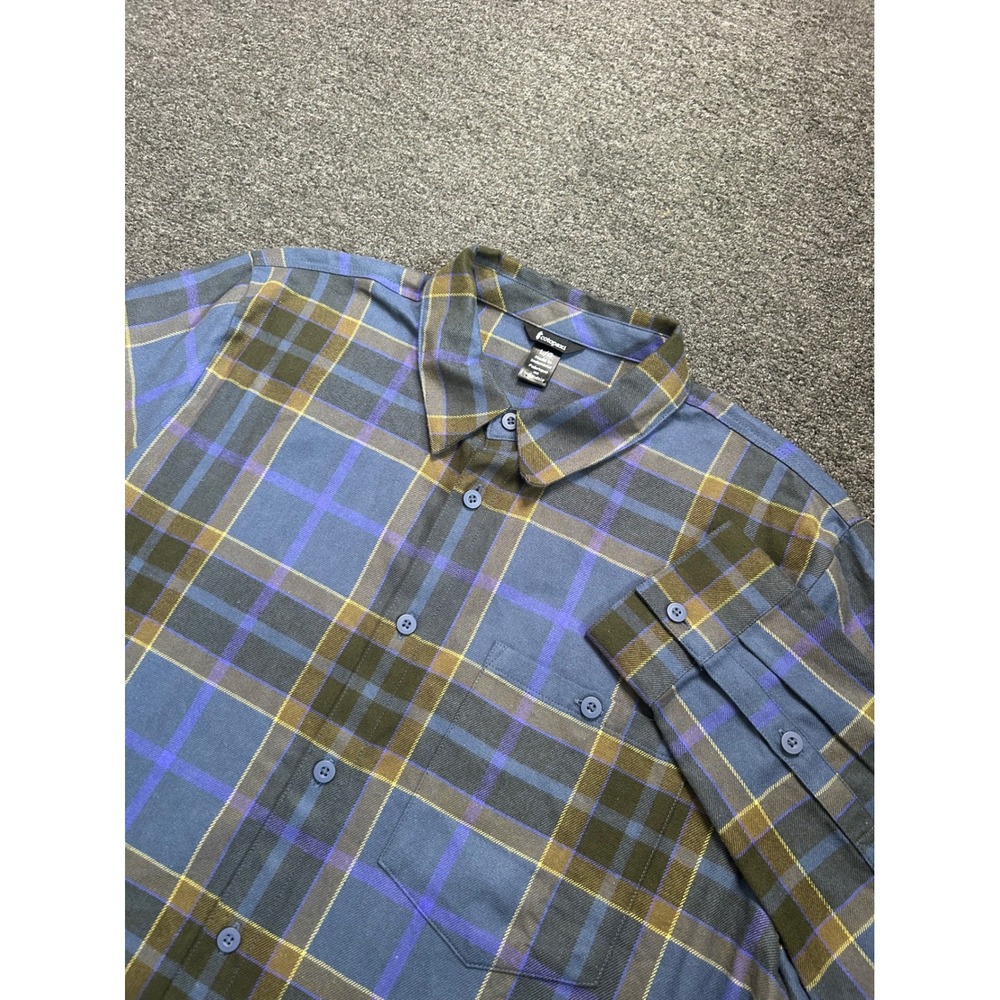 Cotopaxi Organic Cotton Flannel Shirt Blue Olive Plaid Mens Large Outdoor Hiking